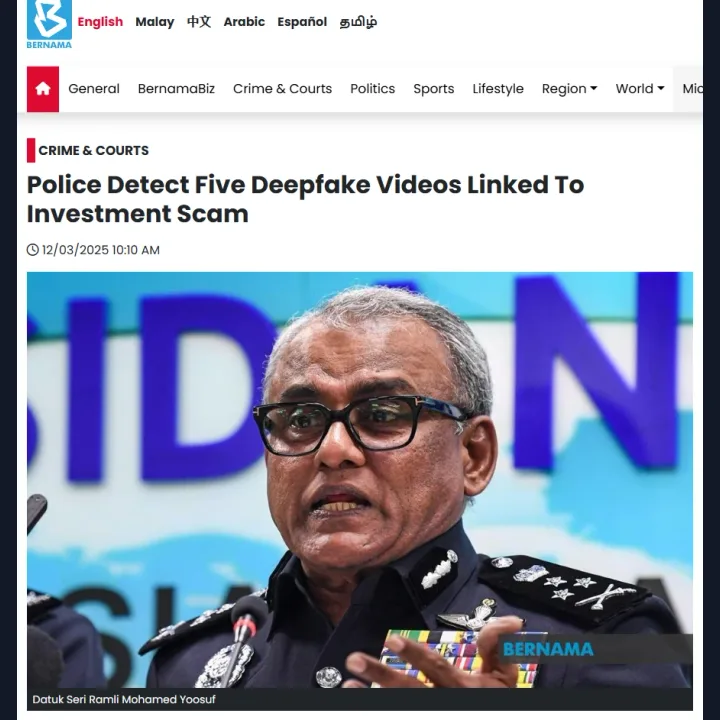Bernama: Police detect five deepfake videos linked to investment scam