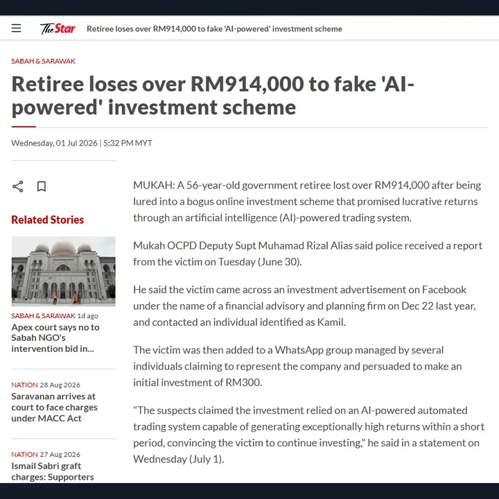 The Star: Retiree loses over RM914,000 to fake AI-powered investment scheme